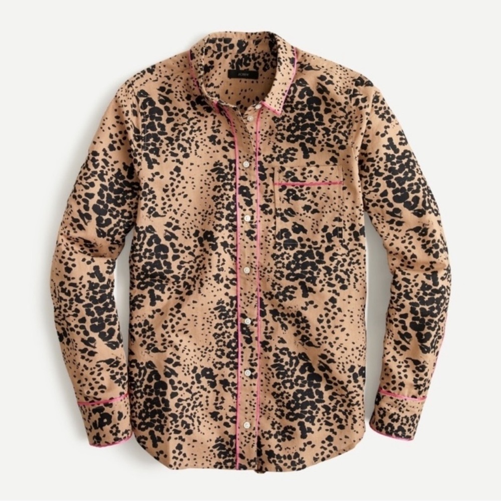 J Crew Button-up shirt in cheetah print, pink trim, linen blend - M